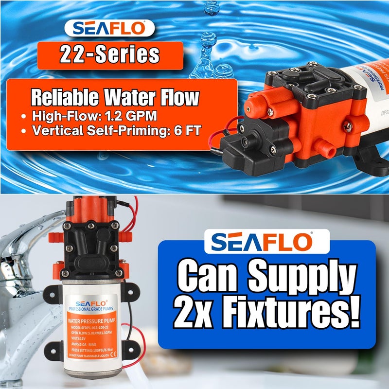 SEAFLO 22-Series Water Pump - 12V, 1.3 GPM, 100 PSI - On-Demand Water Pressure Diaphragm Pump for Marine, RV, Agriculture, and Off-Grid Applications - Image 3